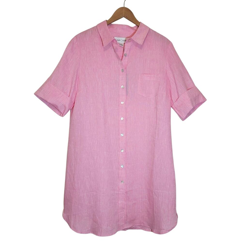 Sara Campbell Bailey Linen Shirtdress Button Front Elbow Sleeve Fuchsia L NWT